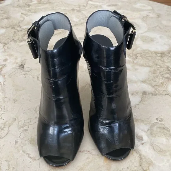 Chloe Black Patent Leather Peep-Toe Buckle Accent Heels - Picture 4 of 14